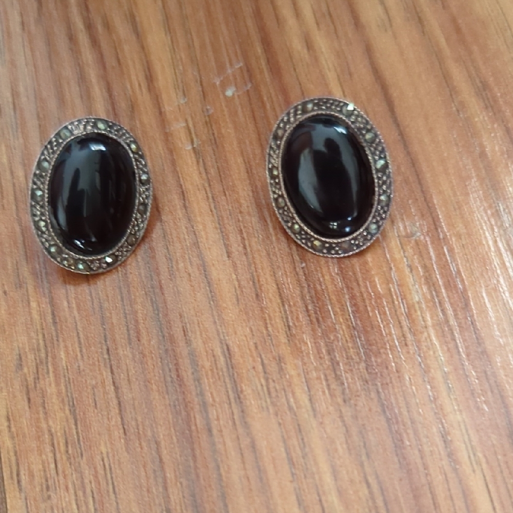 Black Oval Cabochon Stud Earrings with Antique Silver Setting